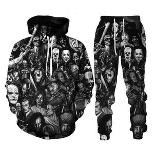 Moda Korku Film Palyaço 3d Tüm üzerinde Baskı Eşofman Erkekler / Kadınlar Cadılar Bayramı Hoodie + Joggers Pantolon Suit