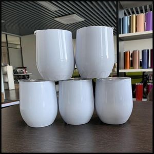 12oz Blank Sublimation Wine Tumblers Egg Shaped Wine Glass Double Wall Mugs Stainless Steel Tumblers with Lid Sea Shipping CCA12437 100pcs
