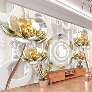 Anpassad väggmålning tapet 3d stereo gyllene lotusblommor lyxig väggmålning vardagsrum sovrum europeisk stil papel de parede 3d