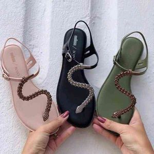 Sandálias Novo 2022 Melissa Brazilian Jelly Shoes Feminino Moda Flat S Estilo Snake Roman Girl Feminino Sandália de Praia Roupa Casual SM084 220121