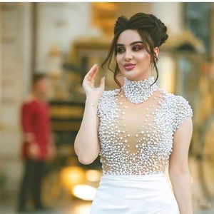 Luxury Dubai Pearls Beaded Tight Prom Dresses Nude White High Neck Illusion Sleeves Formal Evening Gowns Gala Split Plus Size Part237h