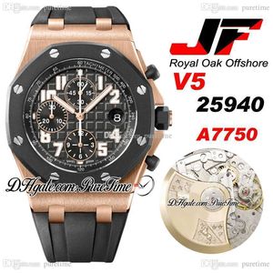 JF A7750 Automatisk kronograf Mens Watch Rose Gold Rubber Clad Bezel Black Texture Dial Rubber Strap Watches 2022 Super Edition Puretime