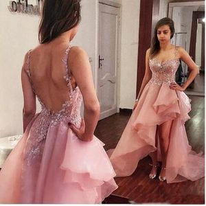 2021 High Low Pink Prom Dresses Sexy Backless Spaghetti Straps Beaded Lace Applique Tiered Organza Plus Size Evening Gowns Formal Occasion
