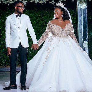 Gorgeous White Plus Size Wedding Dresses African Women Beaded Long Sleeves Crystal Sheer Jewel See Though Top Bridal Dress Custom 268j