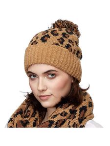 Barrete Quente NEWWomen Inverno malha Cuffed Beanie Hat Leopard Vintage Pompom