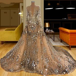 Sparkly Luxurious Mermaid Prom Dresses With Detachable Train Beaded Crystals V Neck Evening Formal Party Second Reception Gowns