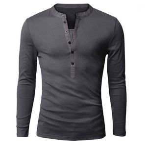 Wholesale- Unique T shirt Men Single Breasted V Neck Long Sleeve Henley Shirt European Fashion Dark Gray Tee Shirt Men T-shirt XXL1