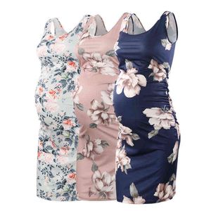 Pakiet 3 sztuk Odzież damska Sukienka Maternity Rękawów Ruched Kwiatowa Ciąża Dress Mama Letnia Tank Topy Sukienka Baby Shower G220309