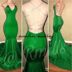 2021 Green Sexy Mermaid Prom Dresses V Neck Satin Criss Cross Back African Black Girls Evening Gowns Red Carpet Dress Custom Made