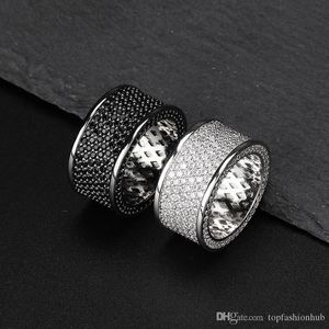 Цирконий Bling Iced Out Круглый палец кольцо Hip Hop Кольца Мужчины Rock Black Silver Jewelry