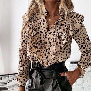 Camicette da donna Camicette Donna Elegante camicetta con volant Pois Leopard Femme 2022 Estate scollo a V manica lunga Casual Top Plus Size