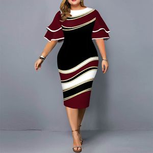 Sukienki plus size kobiety sukienka elegancki nadruk geometryczny suknia wieczorowa na co dzień warstwowy dzwonkowy rękaw biuro Bodycon stroje klubowe XL-5XL