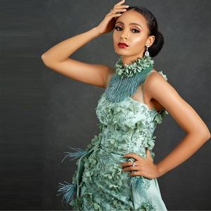 Pena Menta Verde Sereia Vestidos De Prom Lace Appliques Flor Vestido de Noite Personalizado Feito Personalizado Mangas Longa Destacável Treinar Vestido