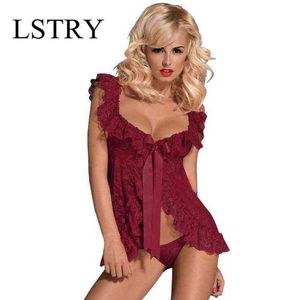 NXY Sexy Lingerie New Women Lace Dress Front Open Nighty Underwear Sex Prospective Sleepwear con G-String Plus Size 6xl1217