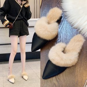 Hot Sale-2019 fashion Ladies balck white Korean winter pointed rabbit hair warm dress shoes slippers with 3.5cm thick heels women saddles