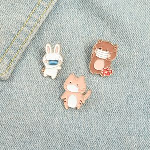 Funny Cute Epidemic Prevention Masks Animals Enamel Pins Cartoon Colors Bear Cats Rabbits Brooches For Kids Gifts Lapel Pins Clothes Bags