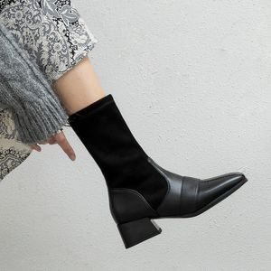 2021 Ny höst Winter Ankle Boots Women Pu Leather Square Toe Stretch Boots Fashion Slip On Low Heel Woman Big Size 33-451