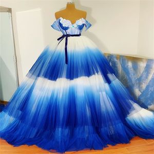 Chic Ball Gown Evening Dresses Appliqued Lace Beads Custom Made Prom Dresses Ruffle Tulle Bright Blue Sweep Train Formal Party Dress
