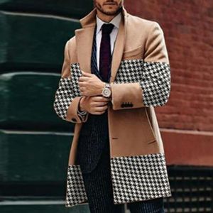 Men's Wool & Blends Retro Houndstooth Print Splicing Woolen Coat Men Casual Turn-down Collar Button Jacket Autumn Winter Pocket Long Windbre