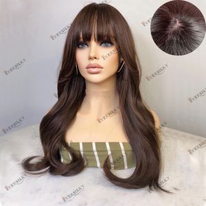 Brown Fringe Human Hair Silk Top Machine Made Wig for Women with Bang Remy Indian 180 Density Wholesale Price Wigs