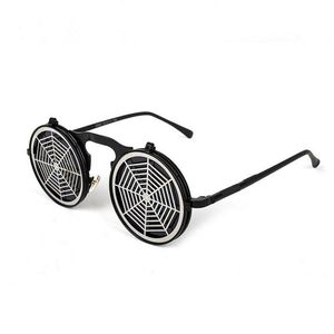 Sonnenbrille Steampunk Runde Schwarzer Rahmen Graue Linsen Spinne Webdesign Frauen Gläser Herren