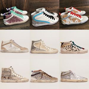 Customized Italy brand luxury high top style Woman Shoes Golden Mid Slide Star Sneakers Leather Trainers Sequin Classic White Do-old Dirty Men Casual Shoe