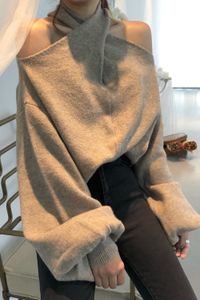 Женщины Ретро Criss-Cross Halter Трикотажный свитер с плечами, висит шеи без бретелек пуловеры негабаритные леди 210203