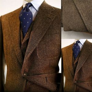 Brown Wool Blend Herringbone Men Suits For Wedding Blazers Business Groom Tuxedo Tweed Slim Fit Groom Wear Jacket & Vest & Pants 201106