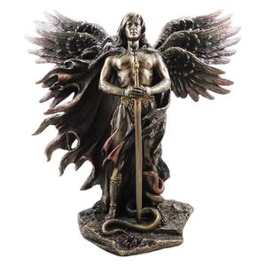 Brązowany Seraphim Six-Winged Guardian Angel z mieczem i węża Duże posągi posągowe Resin Decoration 211229