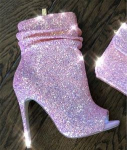 Peep Stiletto Bling Toe Glitters Short Gladiator Boots Slip-on Pink Sequined High Heel Ankle Booties Big Size Heels 5 s