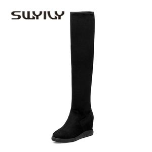 SWYIVY Stretch Über Das Knie Hohe Schnee Stiefel Frau Keil Herbst Winter Warme Samt Mode Dame Schuhe Plattform Schnee Boots201103