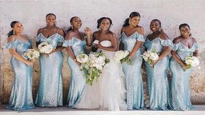 Baby Blue Sexy African Sequined Plus Size Mermaid Bridesmaid Dresses Long Spaghetti Straps Maid of Honor Gowns Wedding Guest Dress Vestidos