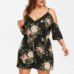 Floral Ombro Frio Cintura Alta Espaguete Cintas Curtas Jumpsuit Mulheres Moda BodySuit V-Pescoço Off Romper Plus Size 5xl1