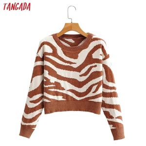 Tangada Fall Women Leopard 패턴 스웨터 캐시미어 니트 풀오버 스웨터 라운드 넥 고품질 점퍼 SY108 210204