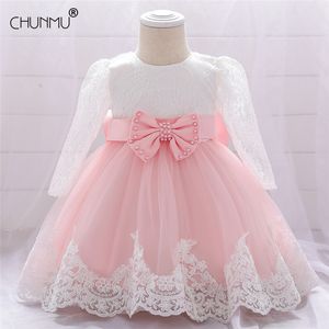 Beads Flower Infant Baby Girl Dress Lace Big Bow Baptism Dresses for Girls First Year Birthday Party Wedding Baby Clothes LJ200827