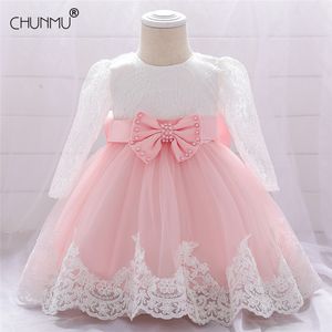 Koraliki Kwiat Niemowlę Baby Girl Dress Koronki Big Bow Chrzest Sukienki Dla Dziewczyn Pierwszy Rok Urodziny Party Wedding Baby Clothes LJ200827