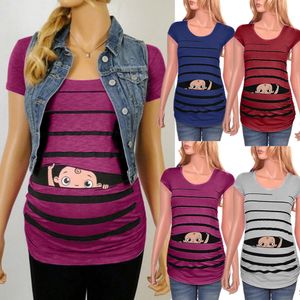 Maternity Striped striped t shirt women with Cute Baby Print - Short Sleeve Pregnancy Top by MUQGEW (LJ201118)