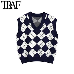 트래프 여성 패션 잉글랜드 스타일 아가일 패턴 니트 조끼 스웨터 빈티지 민소매 느슨한 여성 양복 조끼 세련된 톱 201123
