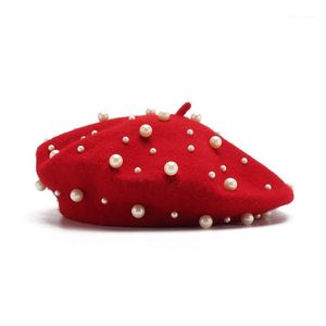 Berets moda mulheres vermelho lã boina inverno pérola chapéus francês chapéu femme baret cap menina senhoras outono1