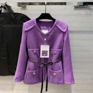 Misturas de lã femininas 2021 Luxo High-end Retro Roxo Jaqueta Mulheres O-pescoço Cadeia De Bolso Decoração Elegante Ladies Tweed Casacos Impressão