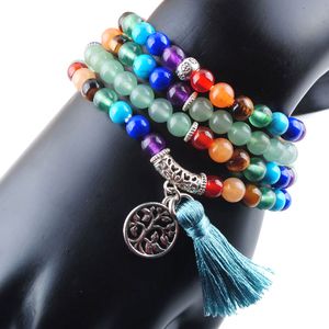 WOjier 108 Meditation Multi-Layer Lange Stränge Armbänder 7 Chakra Yoga Natürliche Runde Aventurin Mala Perlen Lebensbaum Quaste Schmuck K3209