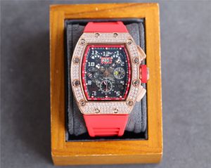 Дизайнерские роскошные мужские часы Часы с бриллиантами Автоматический механизм Красный каучуковый ремешок Розовое золото Наручные часы со льдом