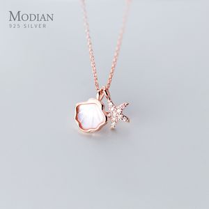 Modian Real 925 Sterling Silver Link Chain Necklace for Women Shiny Zircon Starfish Shell Pendant Necklace Fine Jewelry 2020 New Q0531