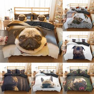 Homesky 3D Pug Dog Bedding Set Söt djur Duvet Cover Drottning King Storlek Pug Dog Bedding Set Barn Vuxna Quilt Cover Sängkläder 201021