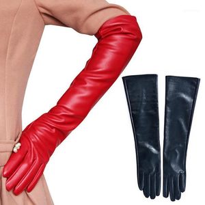 Five Fingers Gloves Fashion Women Black Long PU Leather 40cm 45cm 50cm Women's Mittens Winter Ladies Evening Party 2022