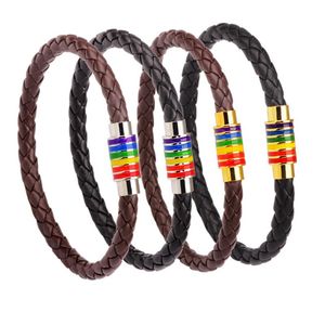 Couro genuíno arco-íris LGBT sinal encharcam pulseiras para mulheres homens gay lésbica de aço inoxidável fivela magnética pulseira pulseira