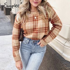 Simplee Geometrische Plaid gestrickte Pullover Frauen Casual Pullover Pullover Damen Vintage Muster weibliche Pullover Herbst Winter 201030