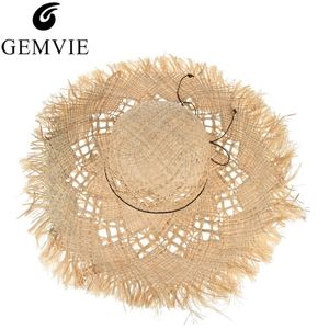 Gemvie yeni moda geniş brim büyük tarlalar Kadınlar için hasır şapkalar bayanlar plaj güneş şapkalar tüylü tüylü yaz kapakları boater y200102