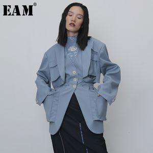 [Eam] Mulheres Blue Spllit Bolso Big Size Trench New V-Collar Manga Longa Loose Windbreaker Moda Primavera Outono 1H264 201110