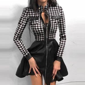 Autumn Spring Pu Leather Patchwork Stand Collar Mini Dress Sexy V Neck Front Zipper Long Sleeve Sexy Elegant Party Club Dress Y0118